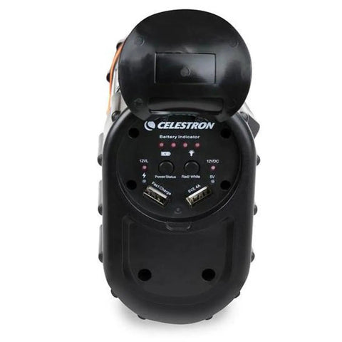 Close-up of the PowerTank Lithium Pro Telescope Battery Portable Go-To 12V Power Supply For Computerized Telescopes ports.