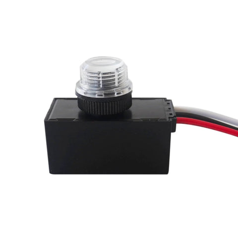 Side view of Auto On Off Dusk To Dawn Photoelectric Sensor Switch 12V DC 10A Outdoor Lighting Control, compact black box design