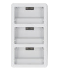 Three Bay Drone Battery Charger Hub with fast 35W dual charging and three slots for Mini 3 4 and Pro batteries, top view.