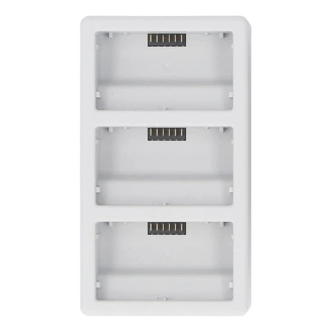 Three Bay Drone Battery Charger Hub with fast 35W dual charging and three slots for Mini 3 4 and Pro batteries, top view.