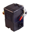 Heavy Duty Air Compressor Pressure Switch 95-125 PSI With Unloader, 4 Port 1 Quarter Inch Female, On Off Lever, 26A At 110 To 240VAC