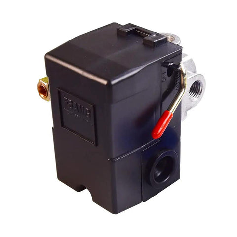 Heavy Duty Air Compressor Pressure Switch 95-125 PSI With Unloader, 4 Port 1 Quarter Inch Female, On Off Lever, 26A At 110 To 240VAC