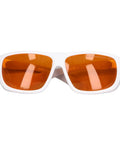 Straight Up Heavy Duty Laser Safety Glasses Broad Spectrum OD Five Plus Coverage Shielding Eyes From Intense Light And Harmful Radiation Wavelengths One Nine Zero To Five Hundred Nm White front view with orange lenses