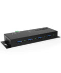 4 Port USB 3.2 Gen 1 Industrial Hub in Rugged Metal Case with screw lock cable option, front view showing 4 USB ports.