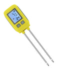 4 In 1 NPK Soil Tester With Temperature Readings for Indoor and Outdoor Gardening, yellow device with two metal probes