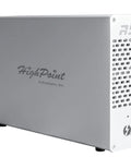 Straight Fire Four M2 Nvme Raid Enclosure With Thunderbolt 3 sleek silver design, side view showcasing ventilation and brand logo.
