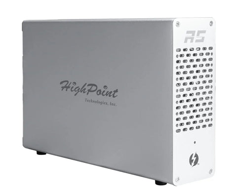 Straight Fire Four M2 Nvme Raid Enclosure With Thunderbolt 3 sleek silver design, side view showcasing ventilation and brand logo.