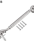 Tough As Nails Stainless Steel Hook Latch Kit Includes Mounting Screws Secure Your Gate Or Cabinet Door Fast Windproof Protection Hardware Does The Job Right Holds Tight Against The Breeze Solid Construction 3 Pack with hook latch and screws.