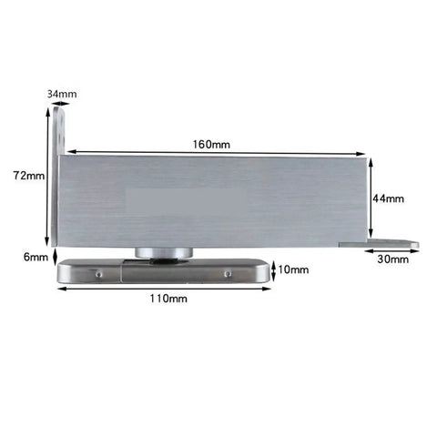 Heavy Duty Pivot Floor Spring Hinge With Hydraulic Door Closer For Zero Drama Install And Badass Holding Power And Solid Grip, metal dimensions shown.