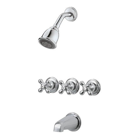 Three-Handle Tub And Shower Faucet Set With Metal Cross Handles, Polished Chrome Finish, 1.8 GPM Flow Rate, 5-Hole Installation