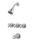 Three-Handle Tub And Shower Faucet Set With Metal Cross Handles, Polished Chrome Finish, includes shower arm and tub spout