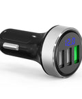 Top Shelf Three USB Car Charger With Live Voltage Meter For Quick 12V And 24V Ride Power Straight Up Fast Charging Hub with LED display.