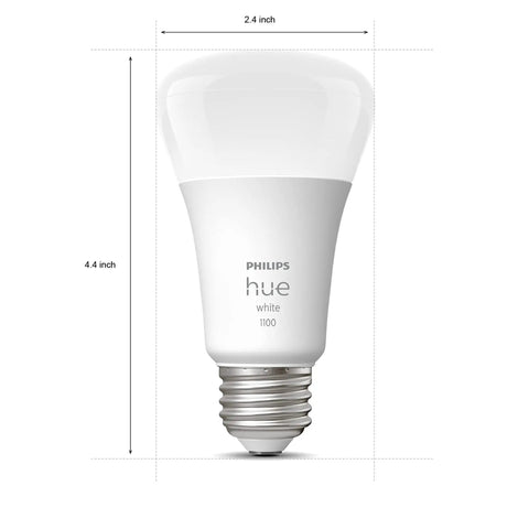 White Smart Light Starter Kit With Bridge And Two 75W A19 E26 LED Soft White Bulbs So You Control It From The App And It Plays Nice With Alexa Google Assistant And Apple HomeKit bulb showing dimensions