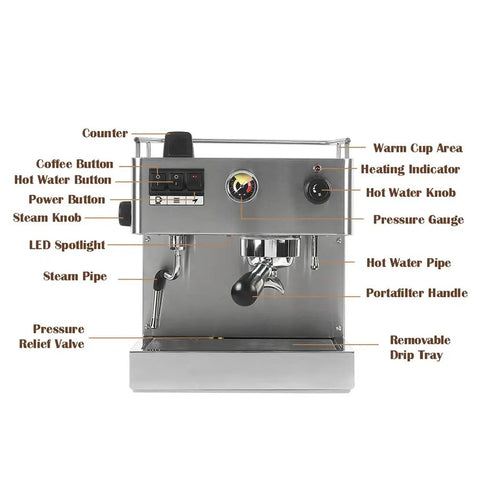 Kickstart Your Coffee Game With This Stainless Steel Electric Cappuccino Maker Featuring Auto Milk Frother Transparent Water Tank Removable Drip Tray And Simple Controls For Home Baristas, showing the control panel and features.