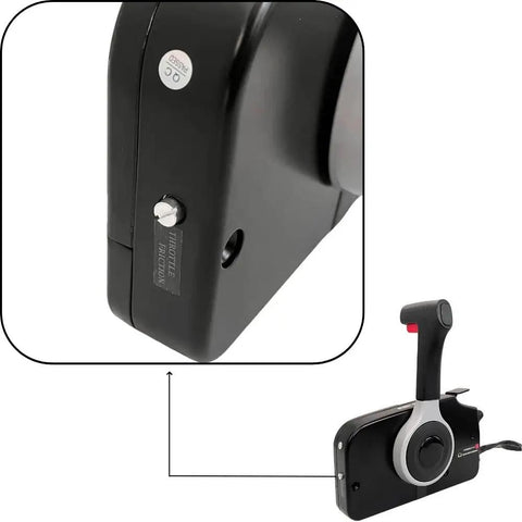 Close view of Suzuki Outboard Remote Throttle Control 67200-93J50 for side-mounted control box, black unit with handle and neutral lock.