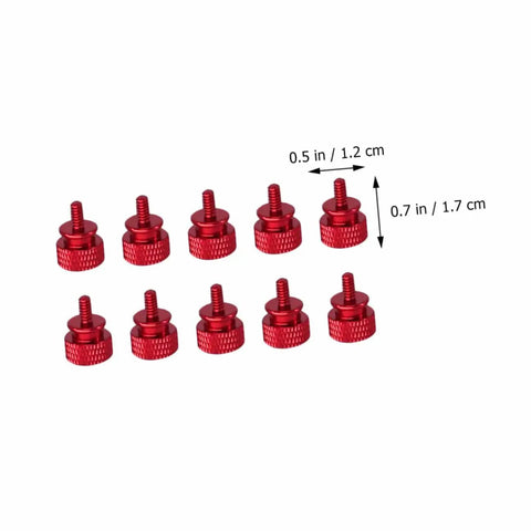 Red Aluminum Alloy Computer Case Thumbscrews 10 Pack, Knurled DIY Replacement Screws, shown with dimensions in inches and cm