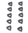 Front view of 12 black-coated carbide turning inserts with diamond shape and center hole