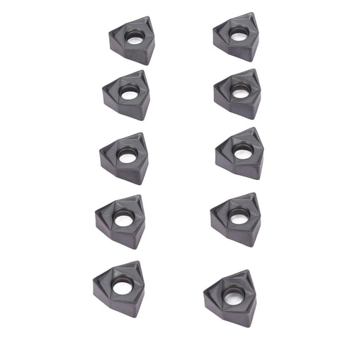 Front view of 12 black-coated carbide turning inserts with diamond shape and center hole