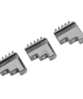 Bulletproof Three Piece Inside And Outside Jaw Chuck Set Featuring Self Centering Grip For Lathe Machining Precision Metalworking Tools shows three metal jaws.