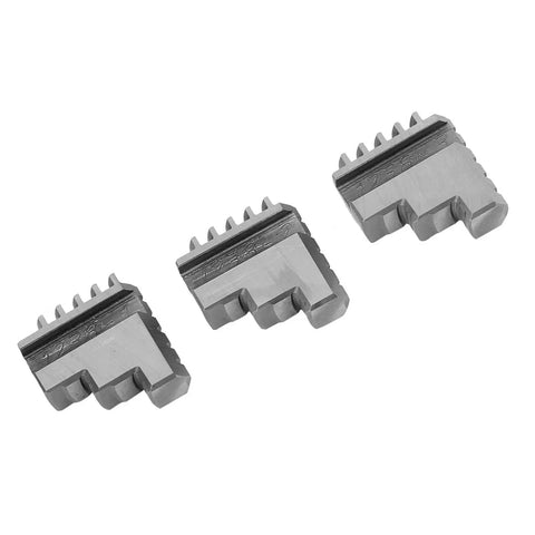 Bulletproof Three Piece Inside And Outside Jaw Chuck Set Featuring Self Centering Grip For Lathe Machining Precision Metalworking Tools shows three metal jaws.