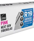 Top Shelf R-19 Unfaced Fiberglass Batt Insulation For 2x6 Wall And Floor Installations Covers 128 Square Feet, pink packaging.