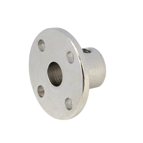 Front view of silver metal flange shaft coupling with 6mm bore and four mounting holes.
