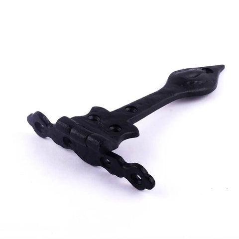 Close-up of Black Wrought Iron Door Strap Hinges, 6 Inch Long, Antique Colonial Spear Tip, showing spear tip detail