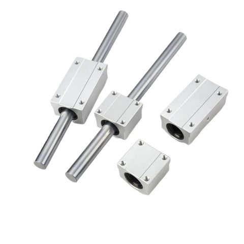 Four SCS16UU aluminum linear bearing blocks with steel guide rods for CNC routers and 3D printers.