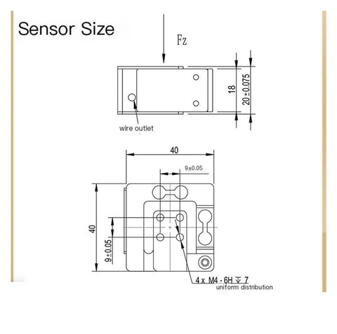 Technical drawing of Beefy 3D Multi Axis Force Sensor With Torque Arm End Effector Joint for Robotic Arms, dimensions labeled.