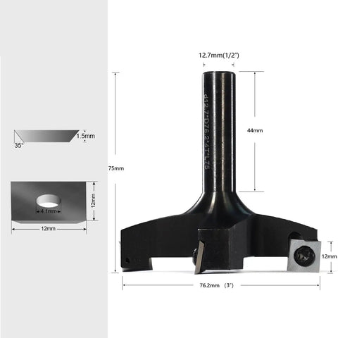 Rock Solid 12.7mm Shank Router Bit For CNC Spoilboard Surfacing With Swap Out Carbide Inserts And Zero Drag Slab Flattening, showing dimensions.