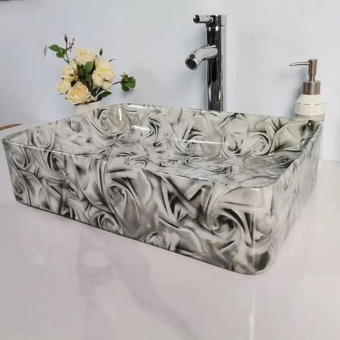 USZWBY Vessel Sinks Bathroom Vessel Sink Hotel Art Wash Basin Marble Pattern Ceramic Bathroom Bowl Sink on a counter with faucet.