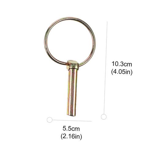 Single lynch pin from 10pc Beefy Heavy Duty Spring Loaded Lynch Pin Fastener Set For Trailers Trucks And Mowers shown with dimensions.
