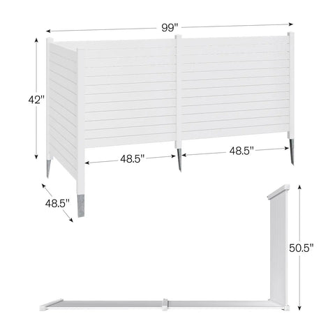 Image showing dimensions of Three Panel Backyard Privacy Fence White PVC 48 Inch Wide By 42 Inch High No Dig Privacy Screen With 18 Inch Ground Stakes.