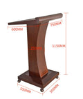 Killer Slick Wooden Curved Podium Stand With Adjustable Height And No Fuss Rolling Base, features measurements and design from side view.