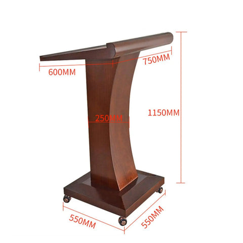 Killer Slick Wooden Curved Podium Stand With Adjustable Height And No Fuss Rolling Base, features measurements and design from side view.