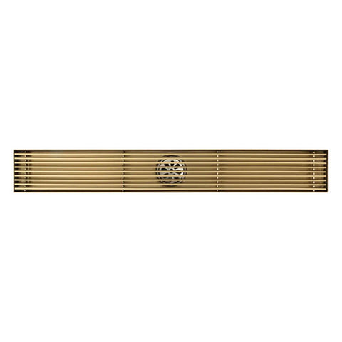 Heavy Duty Rectangular Shower Floor Drain In Sleek Brushed Gold Finish Made From Tough Stainless Steel With Removable Hair Catcher Grate.