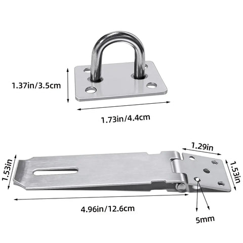 Two Pack Stainless Steel Gate Lock Hasp Set With Safety Packlock Clasp For Doors Cabinets Closets And More Built To Last Heavy Duty 5 Inch Silver Rustproof Door Lock System shown with dimensions