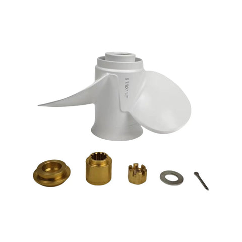 9.875 X 11 Pitch Aluminum Propeller For Yamaha Outboard 20 To 30 HP RH 10 Spline With Hub Nut Kit, heat-treated blades visible