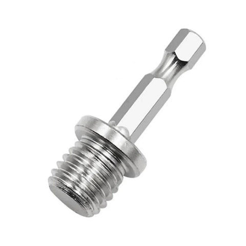 Heavy Duty Quarter Inch Hex Shank Drill Adapter With M14 Screw Thread Connecting Rod For Angle Grinders And Polishers shown from the side.