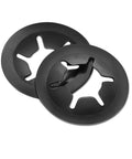Two M4 internal-tooth star lock washers, steel with black finish.