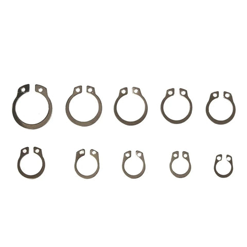 Stainless Steel C Clip Retaining Rings And Washers Kit, 100 Pcs, 8-18mm Bearing Snap Rings Assortment laid out in rows