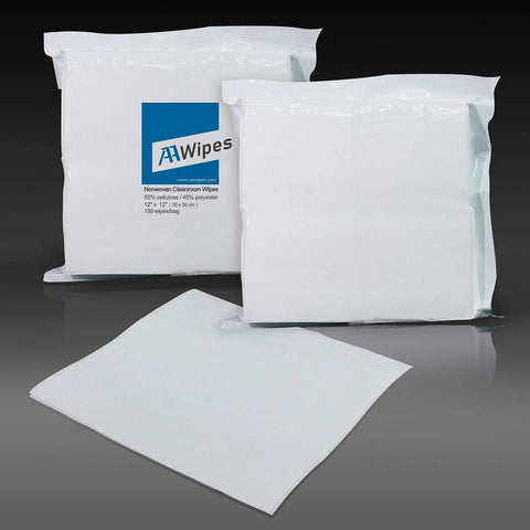 Front view of two white AAwipes cleanroom wipe bags (12x12 in, 150 wipes/bag) cellulose/polyester blend with a loose wipe sheet.