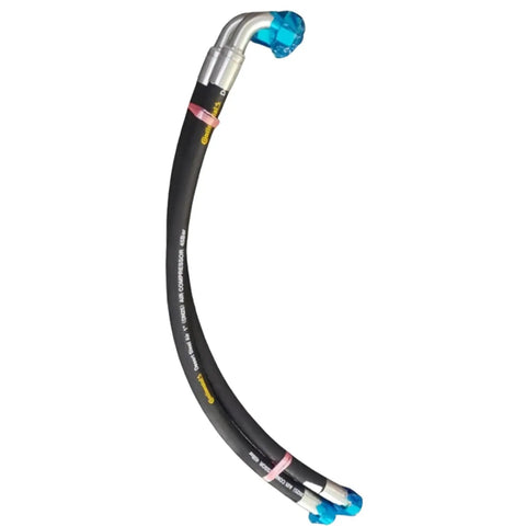 Heavy Duty Replacement Hose For Screw Air Compressor, black reinforced hose with angled aluminum fitting and tight seal.
