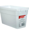 Compact white ice cube bin that holds four trays, durable plastic organizer for busy kitchens, keeps ice on tap and ready to use.