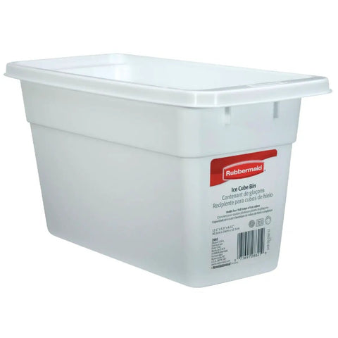Compact white ice cube bin that holds four trays, durable plastic organizer for busy kitchens, keeps ice on tap and ready to use.