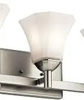 Three Light Bath Vanity Fixture In Brushed Nickel, Damp Location Rated, Serina Style With Etched Glass, No Bulbs Included