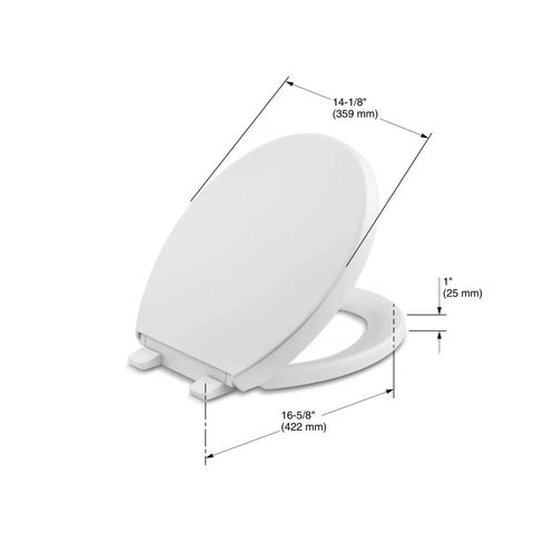 Diagram of Reveal Round Toilet Seat With Quiet Close Seat, Grip Tight Bumpers Stop Slippage, Quick Release Hinges, shown with measurements