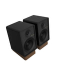 GX30ARC Powered Speakers With USB C, Optical, Line Phono, HDMI ARC And Bluetooth 5.3 LE Audio featuring black finish and wood base.