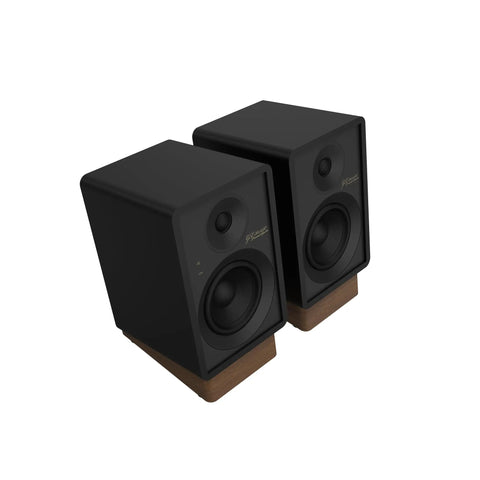 GX30ARC Powered Speakers With USB C, Optical, Line Phono, HDMI ARC And Bluetooth 5.3 LE Audio featuring black finish and wood base.