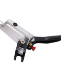 Upgrade Your Ride With This Badass Dual Piston Mechanical Disc Brake Set For Mountain And Road Bikes Cable Actuated Aluminum Alloy Calipers Front Rear Kit With Epic Grip Control Silver, close-up of lever.